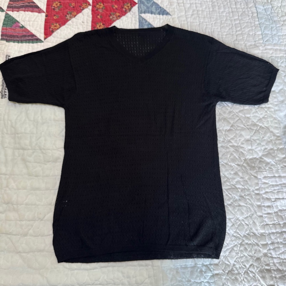 Unbranded Mesh Knit Shirt Black V-Neck Short Sleeve Pointelle Top Mens L